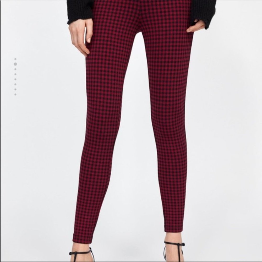 ZARA Red and Black Checked Leggings, Front Zipper, Ankle Length - Picture 3 of 8